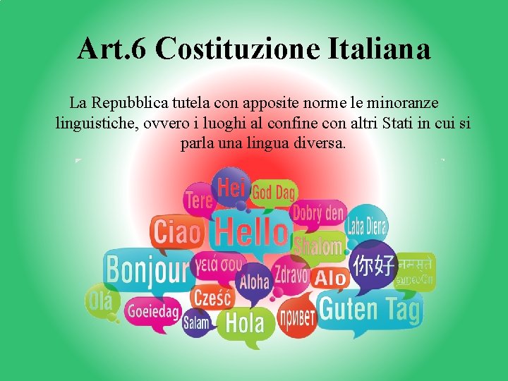 Art. 6 Costituzione Italiana La Repubblica tutela con apposite norme le minoranze linguistiche, ovvero