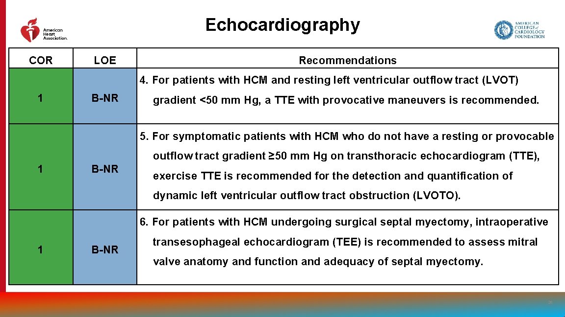 Echocardiography COR LOE Recommendations 4. For patients with HCM and resting left ventricular outflow
