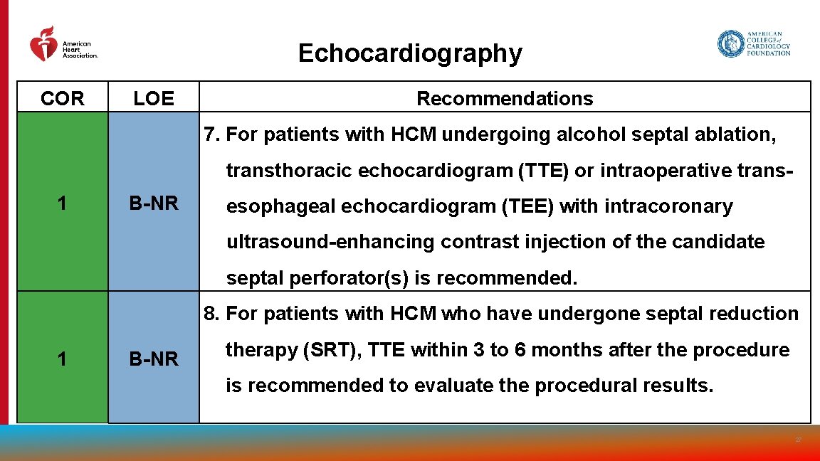 Echocardiography COR LOE Recommendations 7. For patients with HCM undergoing alcohol septal ablation, transthoracic