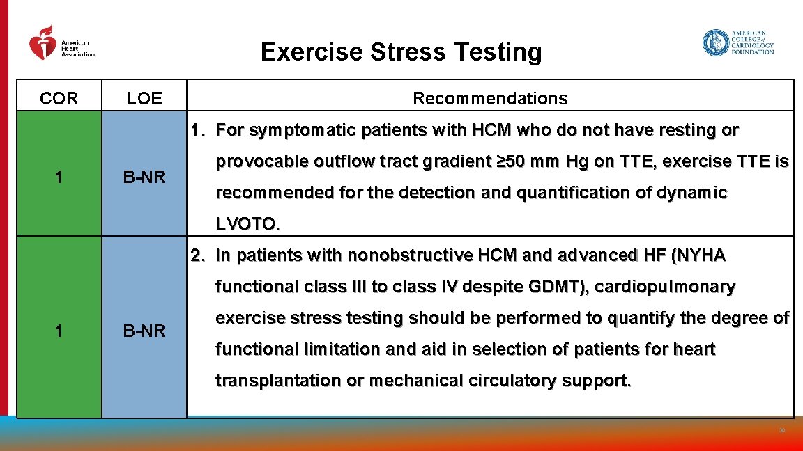 Exercise Stress Testing COR LOE Recommendations 1. For symptomatic patients with HCM who do