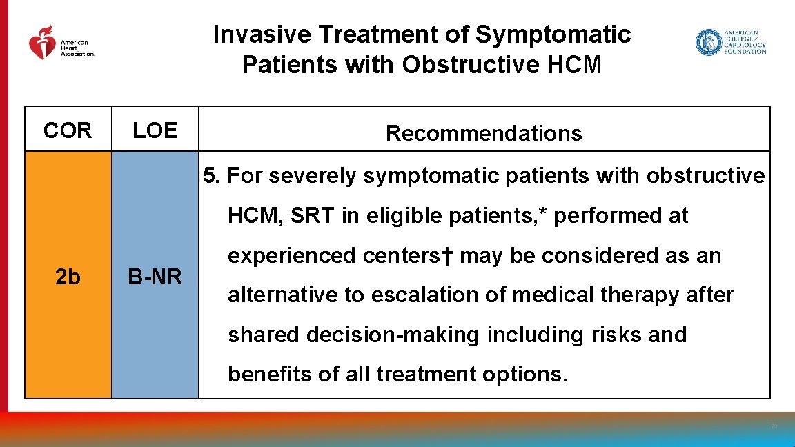 Invasive Treatment of Symptomatic Patients with Obstructive HCM COR LOE Recommendations 5. For severely