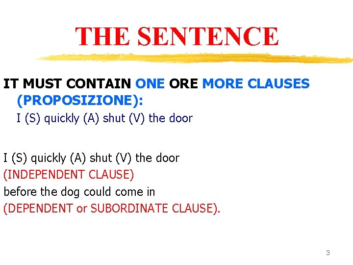 THE SENTENCE IT MUST CONTAIN ONE ORE MORE CLAUSES (PROPOSIZIONE): I (S) quickly (A)