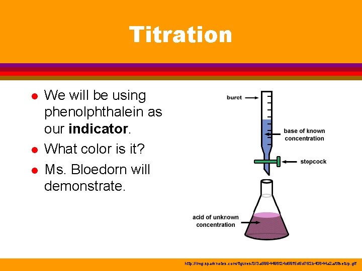 Titration l l l We will be using phenolphthalein as our indicator. What color