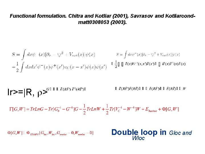 Functional formulation. Chitra and Kotliar (2001), Savrasov and Kotliarcondmatt 0308053 (2003). Ir>=|R, r> Double