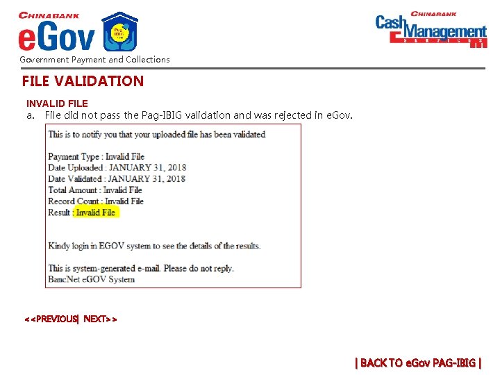 Government Payment and Collections FILE VALIDATION INVALID FILE a. File did not pass the Government Payment and Collections FILE VALIDATION INVALID FILE a. File did not pass the
