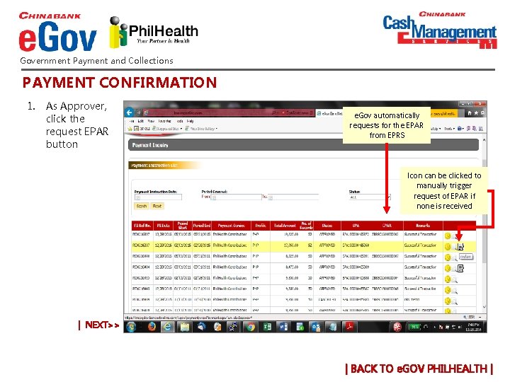 Government Payment and Collections PAYMENT CONFIRMATION 1. As Approver, click the request EPAR button Government Payment and Collections PAYMENT CONFIRMATION 1. As Approver, click the request EPAR button