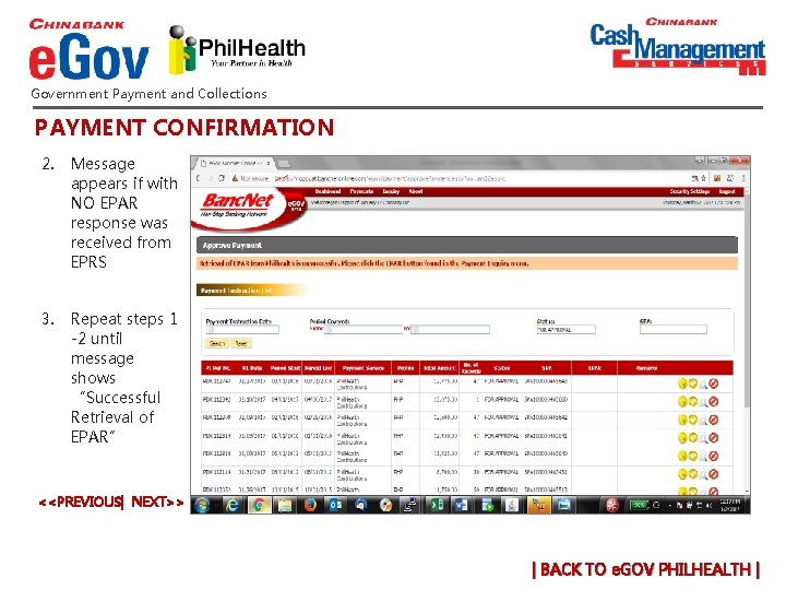 Government Payment and Collections PAYMENT CONFIRMATION 2. Message appears if with NO EPAR response Government Payment and Collections PAYMENT CONFIRMATION 2. Message appears if with NO EPAR response