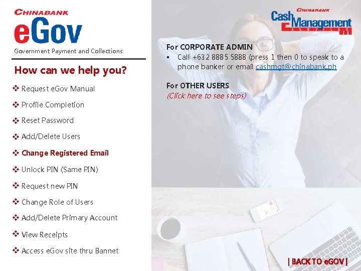 Government Payment and Collections How can we help you? e. Gov Manual v Request Government Payment and Collections How can we help you? e. Gov Manual v Request
