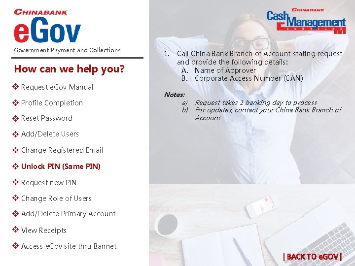 Government Payment and Collections How can we help you? e. Gov Manual v Request Government Payment and Collections How can we help you? e. Gov Manual v Request