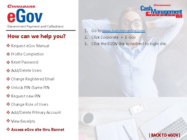 Government Payment and Collections How can we help you? e. Gov Manual v Request Government Payment and Collections How can we help you? e. Gov Manual v Request