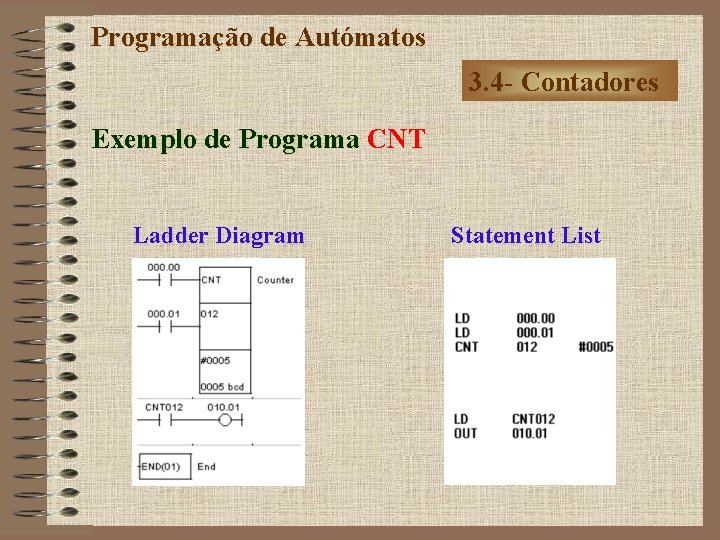 Programação de Autómatos 3. 4 - Contadores Exemplo de Programa CNT Ladder Diagram Statement