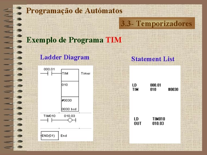 Programação de Autómatos 3. 3 - Temporizadores Exemplo de Programa TIM Ladder Diagram Statement