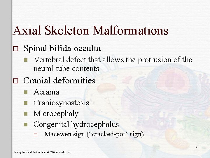 Axial Skeleton Malformations o Spinal bifida occulta n o Vertebral defect that allows the