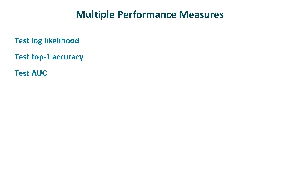 Multiple Performance Measures ü ü ü Test log likelihood Test top-1 accuracy Test AUC