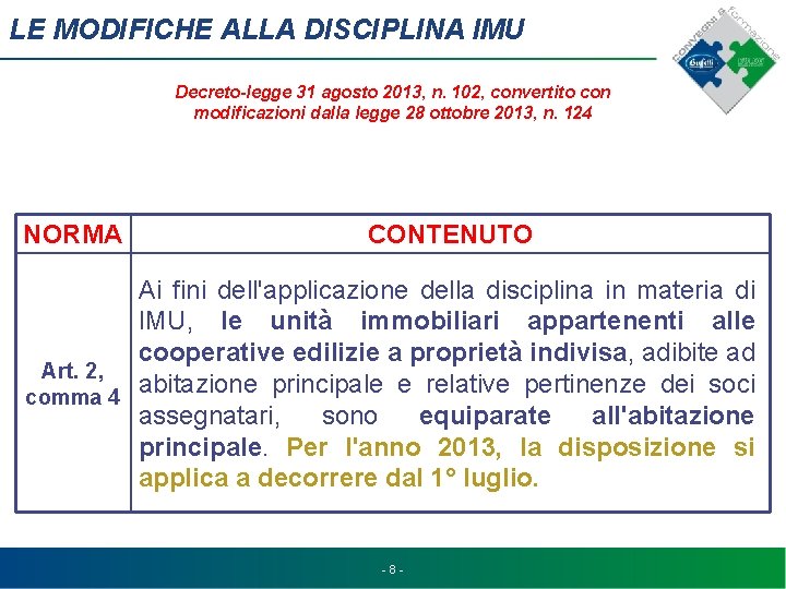 LE MODIFICHE ALLA DISCIPLINA IMU Decreto-legge 31 agosto 2013, n. 102, convertito con modificazioni