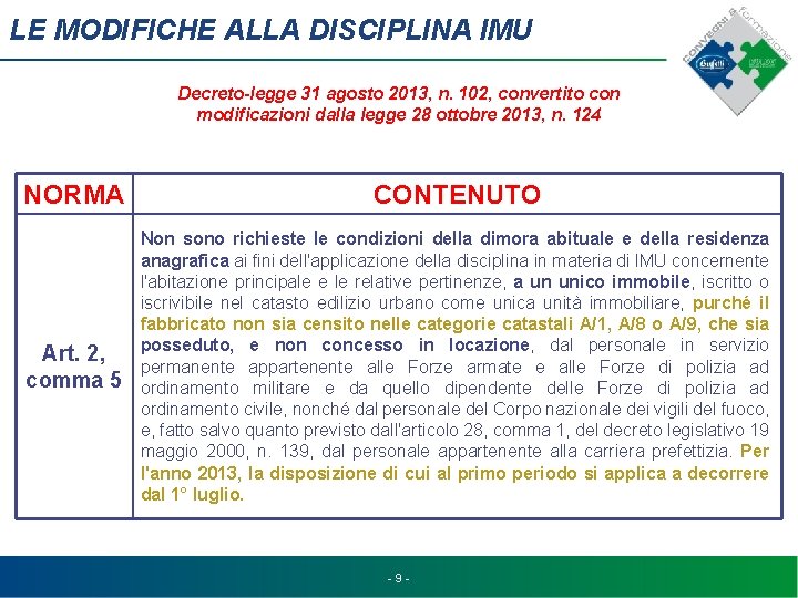 LE MODIFICHE ALLA DISCIPLINA IMU Decreto-legge 31 agosto 2013, n. 102, convertito con modificazioni
