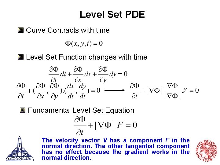 Level Set PDE Curve Contracts with time Level Set Function changes with time Fundamental