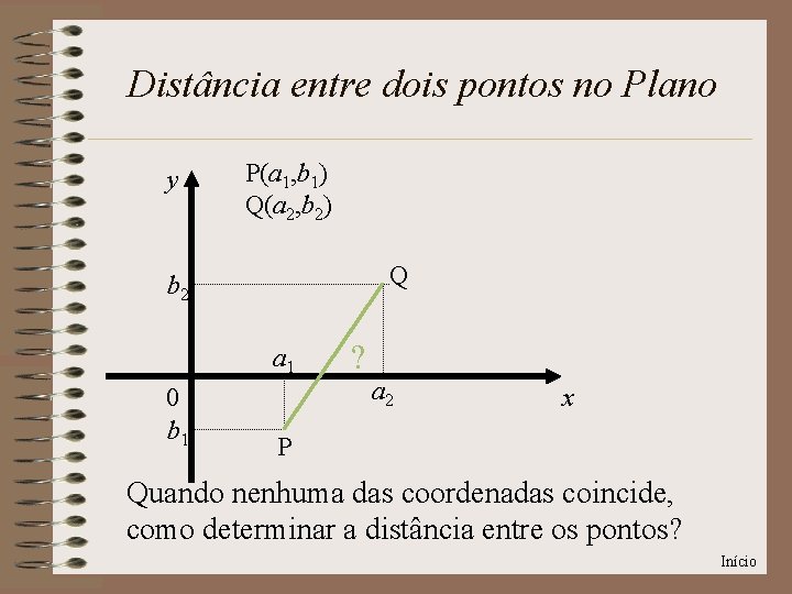 Distância entre dois pontos no Plano y P(a 1, b 1) Q(a 2, b