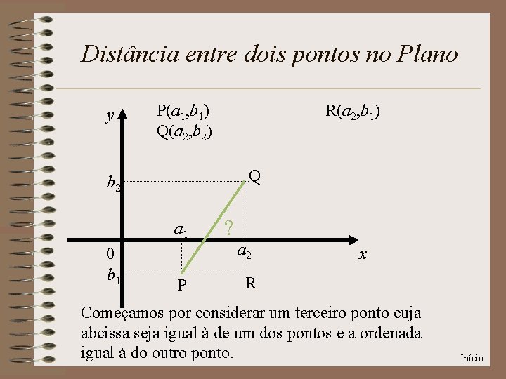 Distância entre dois pontos no Plano y P(a 1, b 1) Q(a 2, b