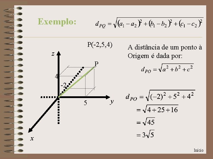 Exemplo: P(-2, 5, 4) z A distância de um ponto à Origem é dada