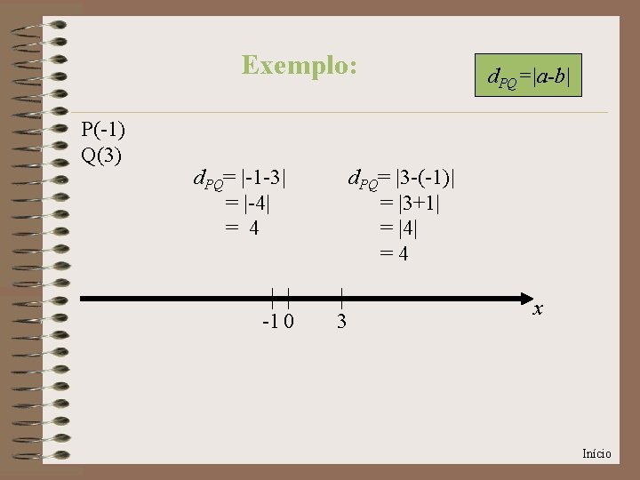 Exemplo: P(-1) Q(3) d. PQ= |-1 -3| = |-4| = 4 -1 0 d.