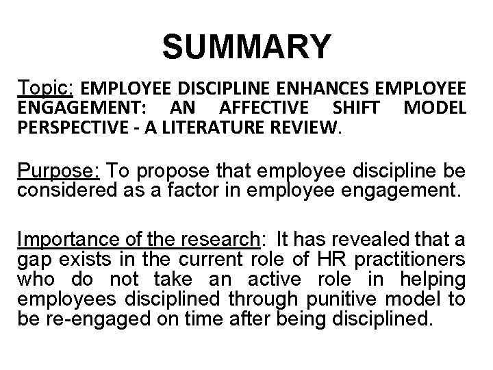 INTRODUCTION EMPLOYEE DISCIPLINE ENHANCES EMPLOYEE ENGAGEMENT AN AFFECTIVE