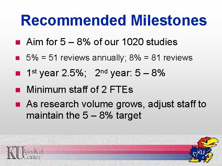 Recommended Milestones n Aim for 5 – 8% of our 1020 studies n 5%