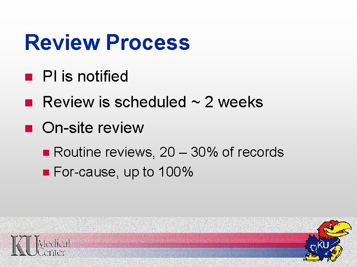 Review Process n PI is notified n Review is scheduled ~ 2 weeks n