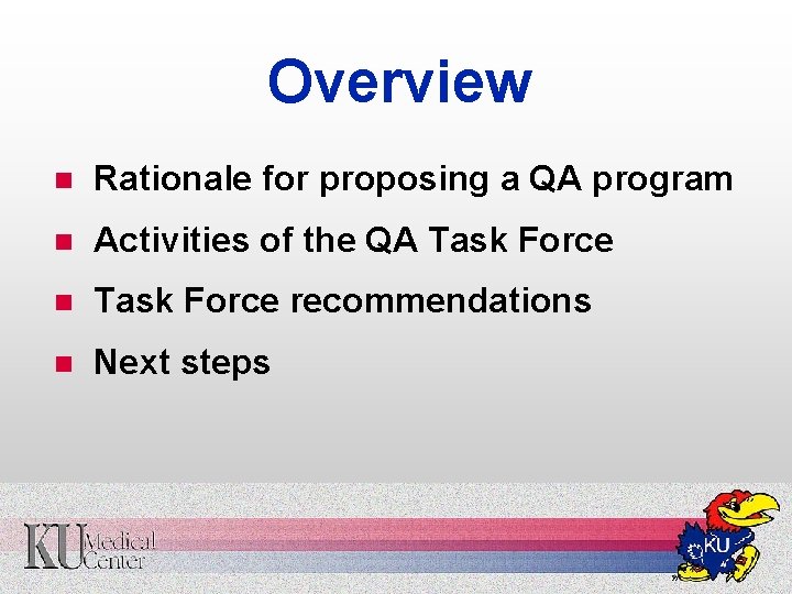 Overview n Rationale for proposing a QA program n Activities of the QA Task