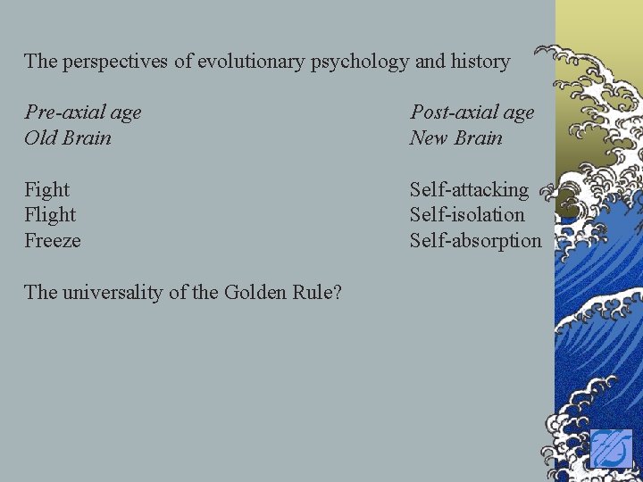 The perspectives of evolutionary psychology and history Pre-axial age Old Brain Post-axial age New