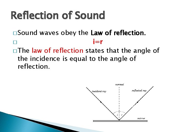Reflection of Sound � Sound waves obey the Law of reflection. � i=r �