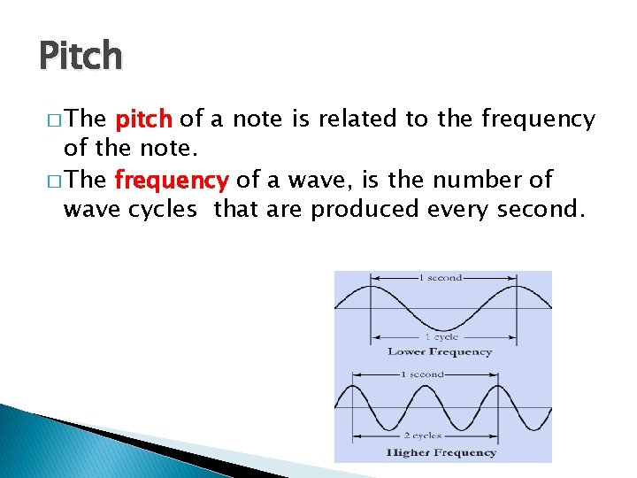 Pitch � The pitch of a note is related to the frequency of the