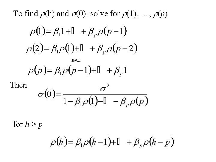 To find r(h) and s(0): solve for r(1), …, r(p) Then for h >