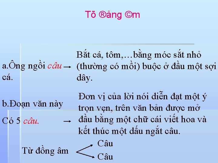 Tõ ®ång ©m a. Ông ngồi câu cá. Bắt cá, tôm, …bằng móc sắt