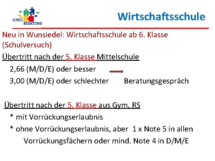 Wirtschaftsschule Neu in Wunsiedel: Wirtschaftsschule ab 6. Klasse (Schulversuch) Übertritt nach der 5. Klasse