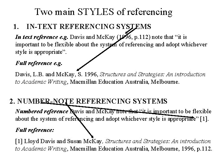 Two main STYLES of referencing 1. IN-TEXT REFERENCING SYSTEMS In text reference e. g.