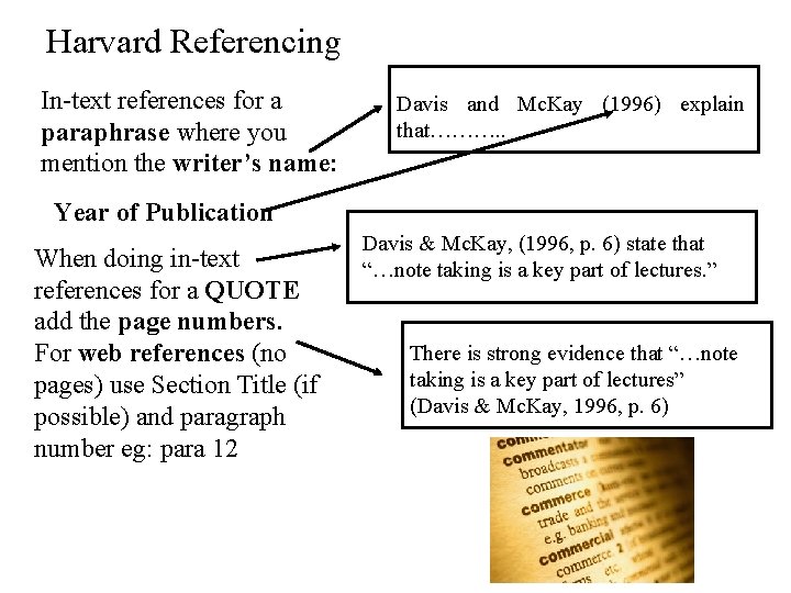 Harvard Referencing In-text references for a paraphrase where you mention the writer’s name: Davis