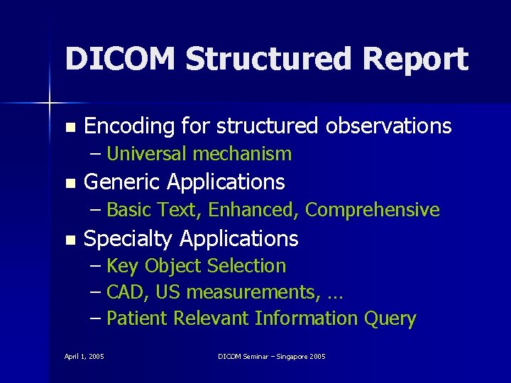 DICOM Structured Report n Encoding for structured observations – Universal mechanism n Generic Applications