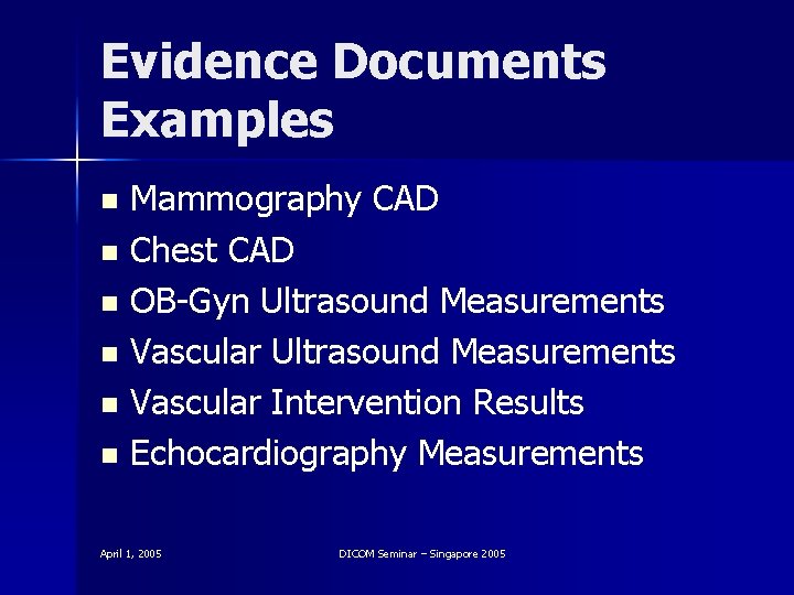 Evidence Documents Examples Mammography CAD n Chest CAD n OB-Gyn Ultrasound Measurements n Vascular