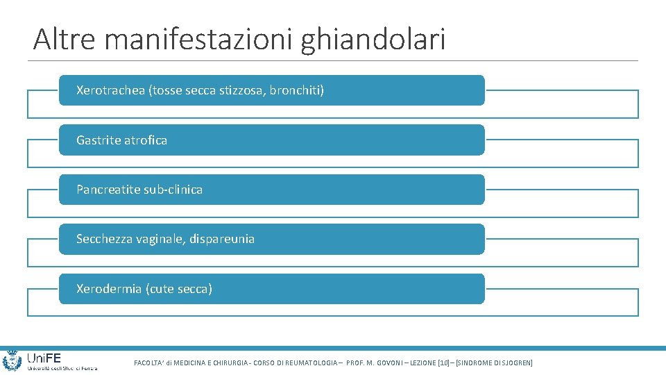 Altre manifestazioni ghiandolari Xerotrachea (tosse secca stizzosa, bronchiti) Gastrite atrofica Pancreatite sub-clinica Secchezza vaginale,