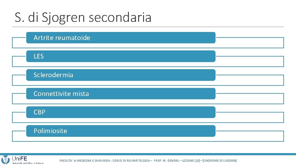 S. di Sjogren secondaria Artrite reumatoide LES Sclerodermia Connettivite mista CBP Polimiosite FACOLTA’ di