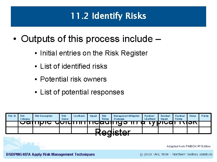 11. 2 Identify Risks • Outputs of this process include – • Initial entries