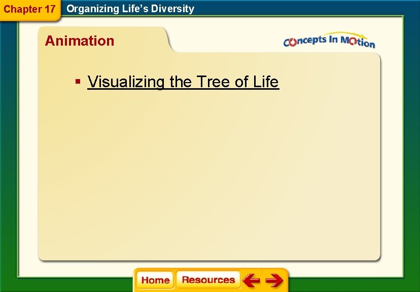Chapter 17 Organizing Life’s Diversity Animation § Visualizing the Tree of Life 
