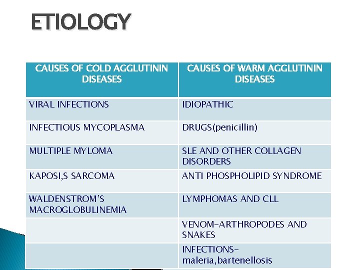 ETIOLOGY CAUSES OF COLD AGGLUTININ DISEASES CAUSES OF WARM AGGLUTININ DISEASES VIRAL INFECTIONS IDIOPATHIC
