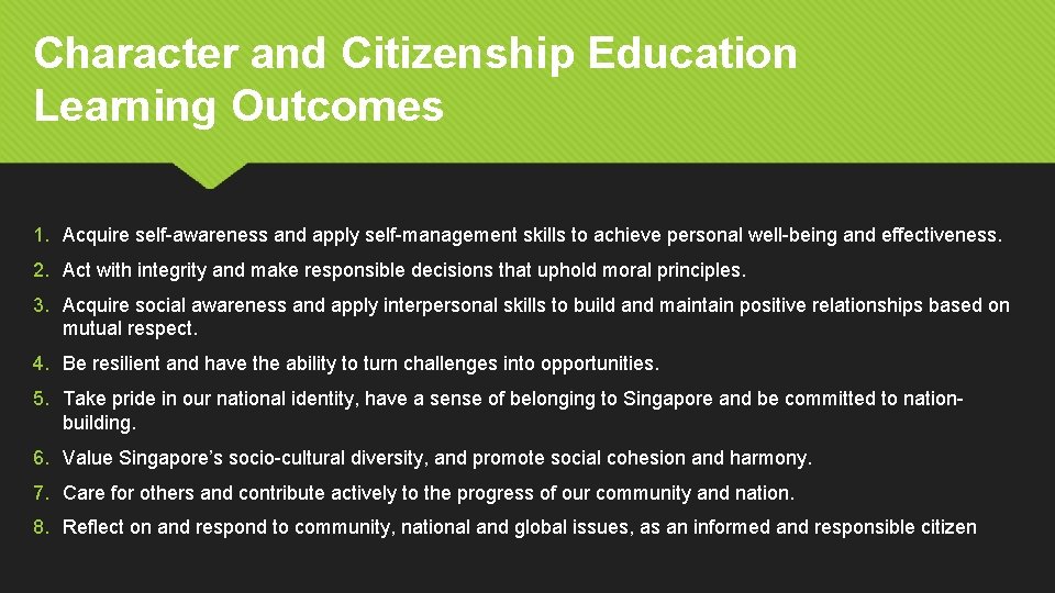 Character and Citizenship Education Learning Outcomes 1. Acquire self-awareness and apply self-management skills to