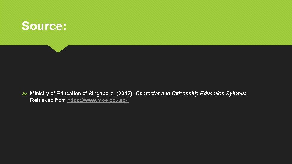 Source: Ministry of Education of Singapore. (2012). Character and Citizenship Education Syllabus. Retrieved from