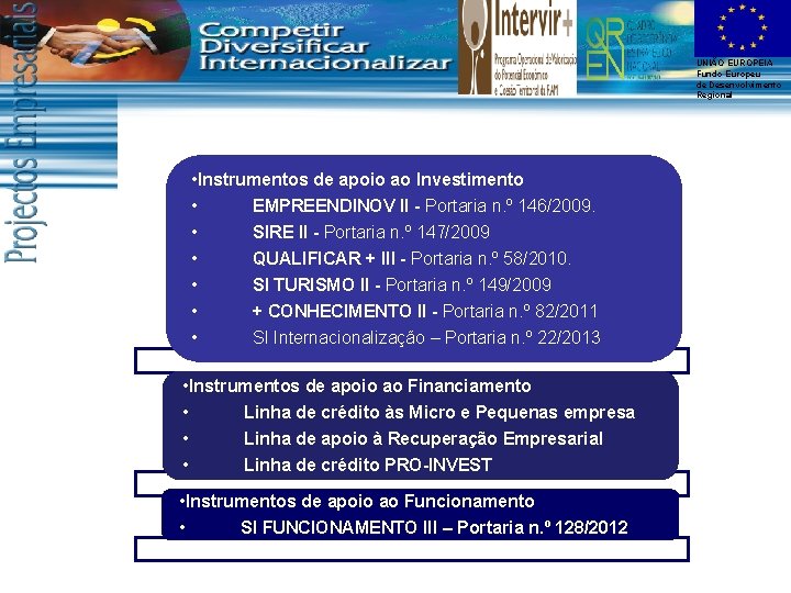 UNIÃO EUROPEIA Fundo Europeu de Desenvolvimento Regional • Instrumentos de apoio ao Investimento •