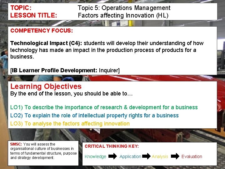 TOPIC: LESSON TITLE: Topic 5: Operations Management Factors affecting Innovation (HL) COMPETENCY FOCUS: Technological