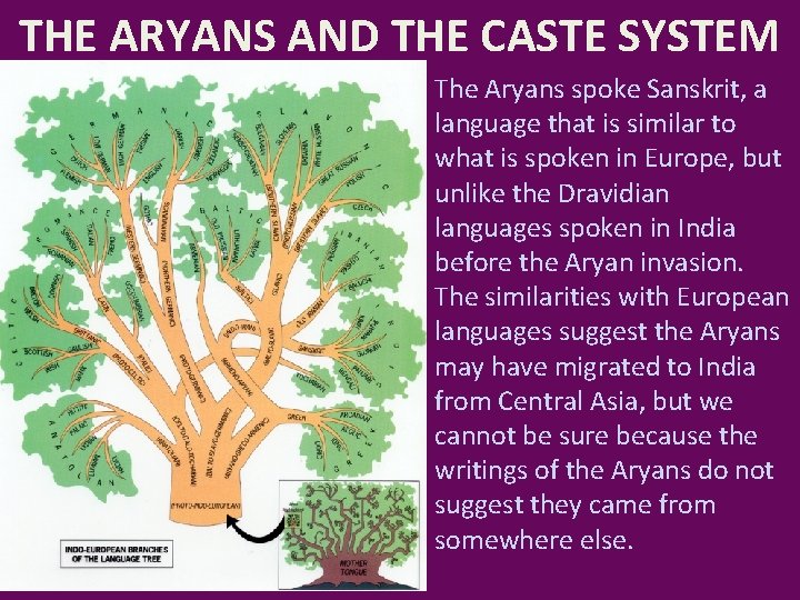 THE ARYANS AND THE CASTE SYSTEM The Aryans spoke Sanskrit, a language that is