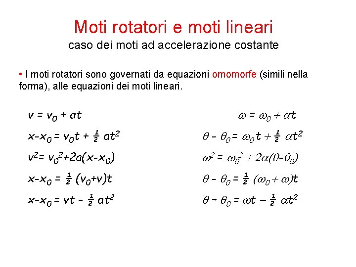 Moti rotatori e moti lineari caso dei moti ad accelerazione costante • I moti